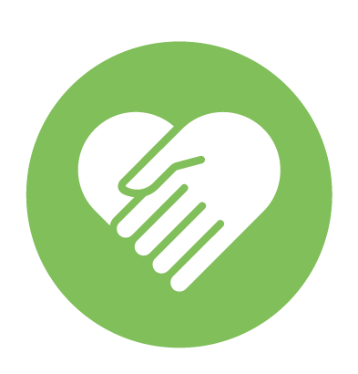 Icon of two hands forming a heart shape on a green background.