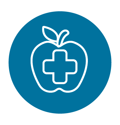 Icon of an apple with a medical cross on a blue background.