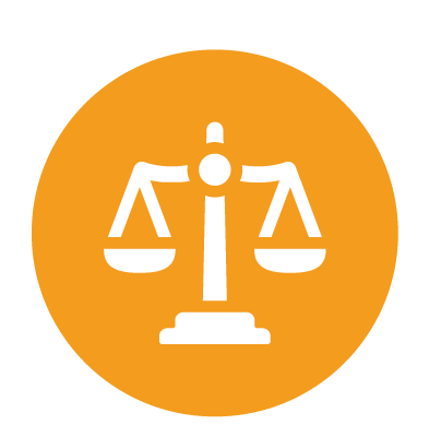 Icon of a balance scale on an orange background.