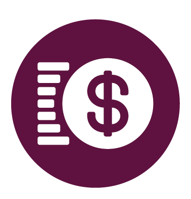 Icon of a dollar sign with measurement bars on a purple background.