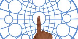 A person's hand pointing upwards towards a graphic overlay of interconnected circles and lines on a white background.