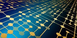 Hexagonal golden network pattern extending towards the horizon on a dark blue background.