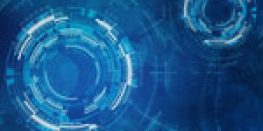 Digital illustration of blue high-tech interface elements with circular designs on a dark background.